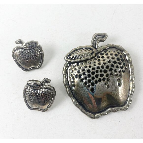 Vintage Silverplated Apple Brooch or Pendant & Pierced Earrings Set - Picture 1 of 3